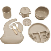 Set 10 piese hranire bebe, diversificare, silicon, baveta, farfurie, bol cu ventuza, lingurita si furculita, cana gustari, lingurita de lemn, si furculita de lemn, fara alergeni, ceasca dreapta, Roz.