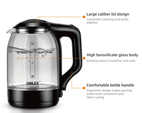 Fierbător Electric HALEY 2.2L, 1800W, Sticlă Termorezistentă, Încălzire Rapidă, Oprire Automată, Design Modern