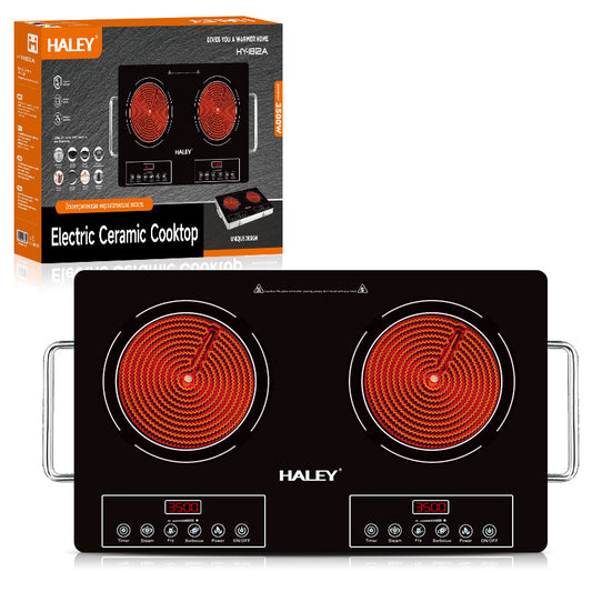 Plită cu Inducție HALEY, 2 Ochiuri – 3500W, Geam Cristal Negru, Timer, Control Tactil, Oprire Automată