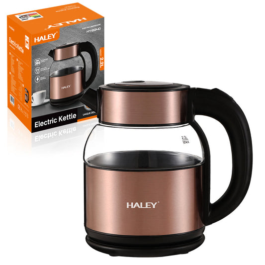 Fierbător Electric HALEY 2.2L, 2000W, Inox și Sticlă, Oprire Automată, Protecție Anti Fierbere Uscată, Bază 360°