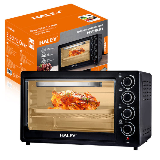 Cuptor Electric HALEY 48L, 2000W cu Convecție 360° Hot Air, Grătar și Tavă Incluse, 4 Elemente de Încălzire, Negru – Ideal pentru Gătit Rapid și Uniform