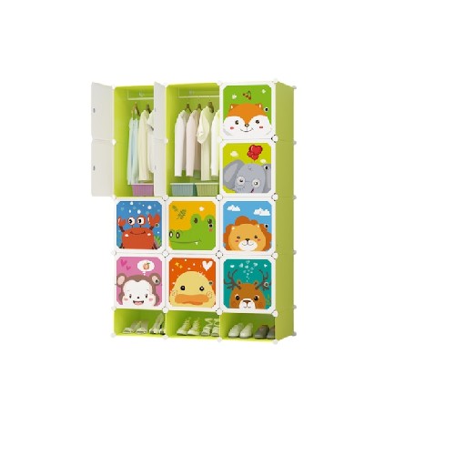 Dulap modular pentru copii, verde, AT PERFORMANCE®, 15 rafturi, durabil, 110X47X163 cm, animalute zoo