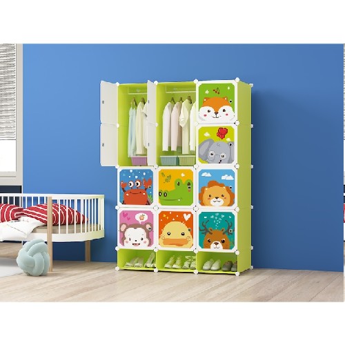 Dulap modular pentru copii, verde, AT PERFORMANCE®, 15 rafturi, durabil, 110X47X163 cm, animalute zoo