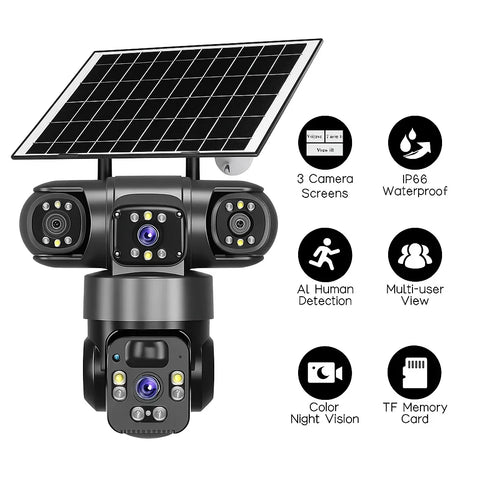 Cameră de Supraveghere Solară 4G/WiFi cu 3 Lentile, Viziune 360°, AI și Night Vision Colo