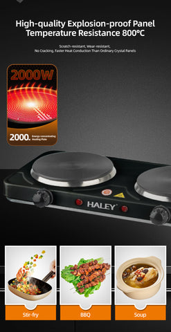 Plită Electrică HALEY cu 2 Zone de Gătit – 2000W, Timer, Protecție la Supraîncălzire, Design Inoxidabil Elegant, Negru