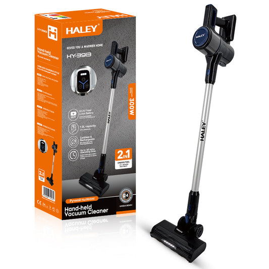 Aspirator Vertical fără Fir 2 în 1 HALEY®, 300W, 22.2V, Autonomie 35 Min, Perie LED, Filtru Lavabil, Recipient 1L, Negru/Argintiu