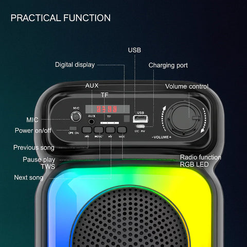 Boxă Portabilă AT Performance cu Lumini RGB, Bluetooth, Radio și Control Complet