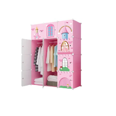 Dulap modular pentru copii, roz, AT PERFORMANCE®, 12 rafturi, durabil, 110X37X147 cm, castel printese