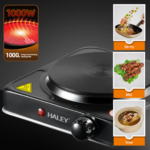 Plită Electrică HALEY cu 1 Zonă de Gătit – 1000W, Timer, Protecție la Supraîncălzire, Design Compact din Oțel Inoxidabil