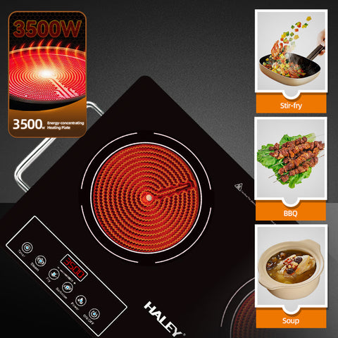 Plită cu Inducție HALEY, 2 Ochiuri – 3500W, Geam Cristal Negru, Timer, Control Tactil, Oprire Automată
