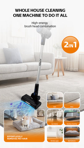 Aspirator Vertical fără Fir 2 în 1 HALEY®, 300W, 22.2V, Autonomie 35 Min, Perie LED, Filtru Lavabil, Recipient 1L, Negru/Argintiu