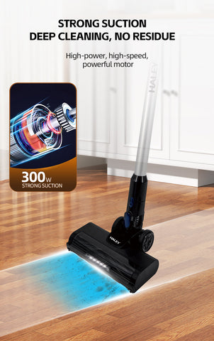 Aspirator Vertical fără Fir 2 în 1 HALEY®, 300W, 22.2V, Autonomie 35 Min, Perie LED, Filtru Lavabil, Recipient 1L, Negru/Argintiu