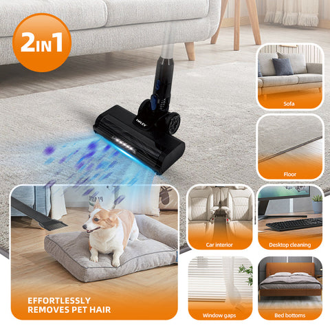 Aspirator Vertical fără Fir 2 în 1 HALEY®, 300W, 22.2V, Autonomie 35 Min, Perie LED, Filtru Lavabil, Recipient 1L, Negru/Argintiu