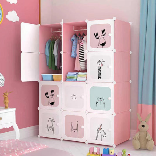 Dulap modular pentru copii, Roz, AT PERFORMANCE®, 12 rafturi Design Colorat cu Desene Jucăușe 🦄🦌🦈🦓