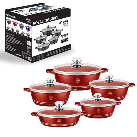 Set Premium 10 Piese AT PERFORMANCE – Oale cu acoperire din marmură și capace din sticlă semitransparentă, 5 dimensiuni pentru gătit versatil