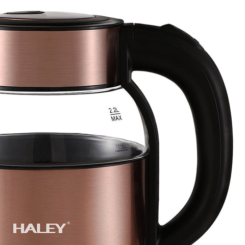 Fierbător Electric HALEY 2.2L, 2000W, Inox și Sticlă, Oprire Automată, Protecție Anti Fierbere Uscată, Bază 360°