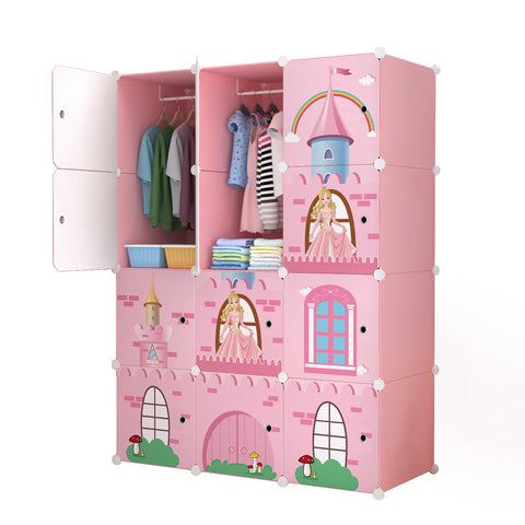 Dulap modular pentru copii, roz, AT PERFORMANCE®, 12 rafturi, durabil, 110X37X147 cm, castel printese