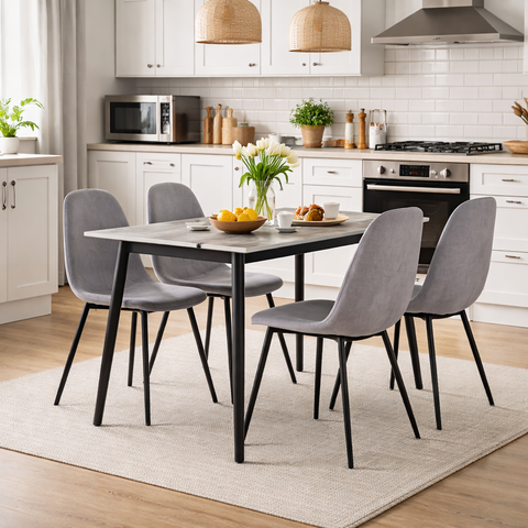 Set masă dining cu 4 scaune, blat sintered stone gri și catifea, 120x70 cm