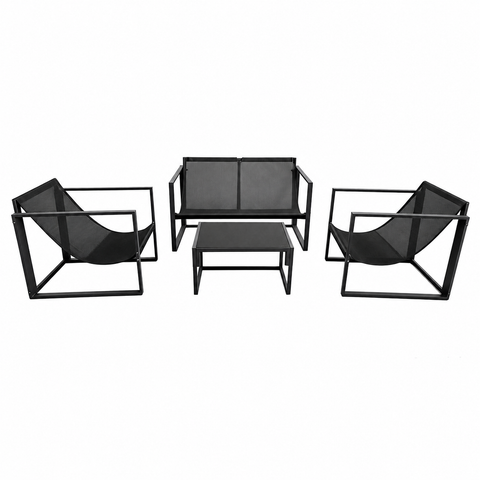 Set Mobilier Grădină AT PERFORMANCE® 4 Piese, Canapea 2 Locuri + 2 Fotolii + Măsuță cu Sticlă Securizată Neagră, Cadru Metalic