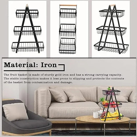 Cos de fructe, AT PERFORMANCE® decorativ, Metal, 3 etaje, Negru