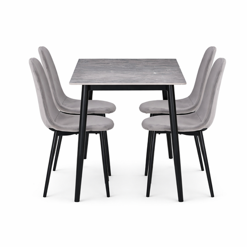 Set masă dining cu 4 scaune, blat sintered stone gri și catifea, 120x70 cm