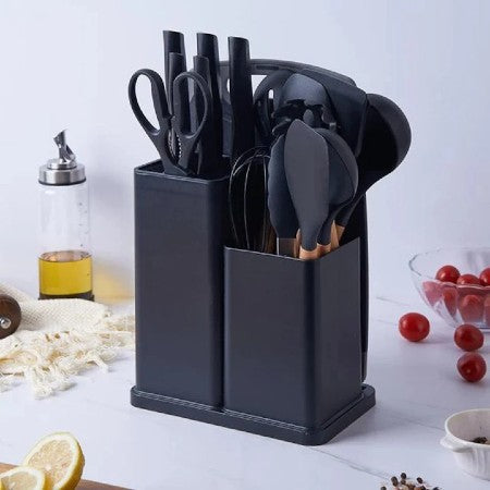 Set cutite otel inoxidabil, AT PERFORMANCE® si ustensile de bucatarie in suport cu tocator, 19 piese