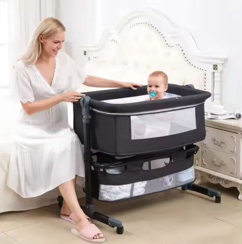 Pătuț Reglabil 6 în 1 AT PERFORMANCE® pentru Bebe – Leagăn, Pătuț de Călătorie, Coș Depozitare, Plasă Țânțari, Saltea Moale, Roți 360°, Gri
