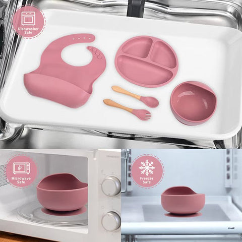Set 10 piese hranire bebe, diversificare, silicon, baveta, farfurie, bol cu ventuza, lingurita si furculita, cana gustari, lingurita de lemn, si furculita de lemn, fara alergeni, ceasca dreapta, Roz.