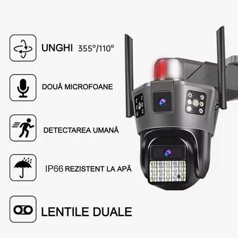 Cameră Supraveghere cu 2 Camere 5K AT PERFORMANCE® – 9MP, SIM, PTZ, Ultra HD, CCTV, Rotire 360°, LED, Infraroșu, Alarmă, Audio Bidirecțional, Senzor Mișcare, Exterior/Interior + Card 32GB CADOU