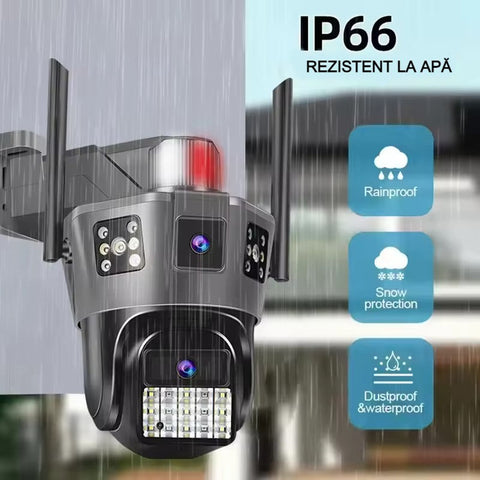 Cameră Supraveghere cu 2 Camere 5K AT PERFORMANCE® – 9MP, SIM, PTZ, Ultra HD, CCTV, Rotire 360°, LED, Infraroșu, Alarmă, Audio Bidirecțional, Senzor Mișcare, Exterior/Interior + Card 32GB CADOU