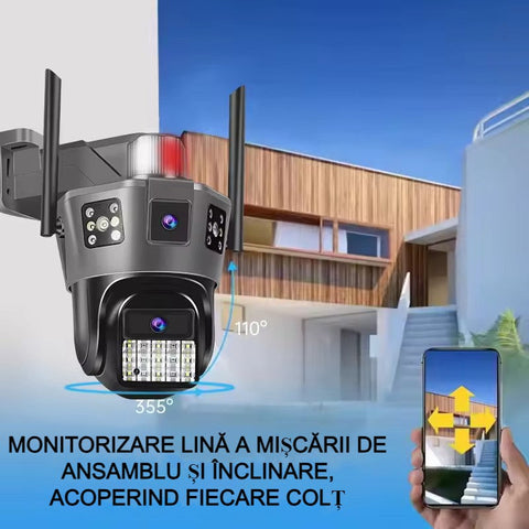 Cameră Supraveghere cu 2 Camere 5K AT PERFORMANCE® – 9MP, SIM, PTZ, Ultra HD, CCTV, Rotire 360°, LED, Infraroșu, Alarmă, Audio Bidirecțional, Senzor Mișcare, Exterior/Interior + Card 32GB CADOU