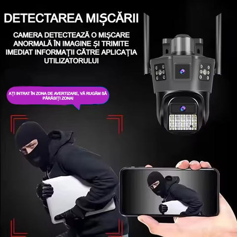 Cameră Supraveghere cu 2 Camere 5K AT PERFORMANCE® – 9MP, SIM, PTZ, Ultra HD, CCTV, Rotire 360°, LED, Infraroșu, Alarmă, Audio Bidirecțional, Senzor Mișcare, Exterior/Interior + Card 32GB CADOU