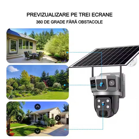 Cameră Supraveghere Solară 4G cu 2 Camere AT PERFORMANCE® – 4MP HD, Zoom Optic 10x, PTZ, V380 App, Exterior, Baterie Integrată + Cadou Card SD 32GB