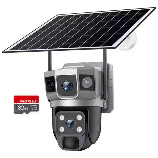 Cameră Supraveghere Solară 4G cu 2 Camere AT PERFORMANCE® – 4MP HD, Zoom Optic 10x, PTZ, V380 App, Exterior, Baterie Integrată + Cadou Card SD 32GB