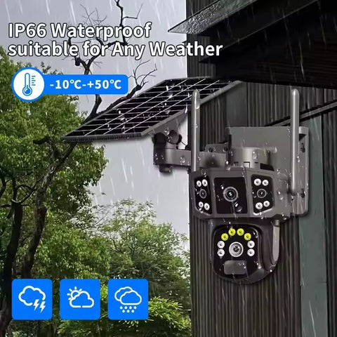 Cameră Supraveghere Solară cu 4 Camere AT PERFORMANCE® – 6MP, 4G, Audio, Night Vision, Senzori PIR + Radar + Cadou Card SD 32GB
