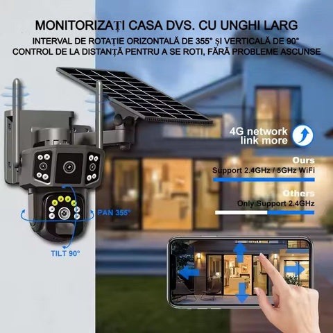 Cameră Supraveghere Solară cu 4 Camere AT PERFORMANCE® – 6MP, 4G, Audio, Night Vision, Senzori PIR + Radar + Cadou Card SD 32GB