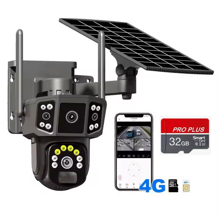 Cameră Supraveghere Solară cu 4 Camere AT PERFORMANCE® – 6MP, 4G, Audio, Night Vision, Senzori PIR + Radar + Cadou Card SD 32GB