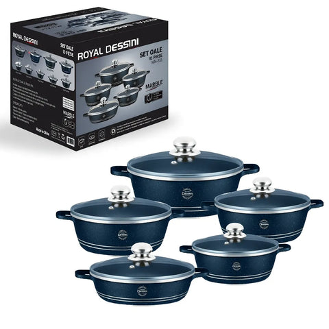 Set Premium 10 Piese AT PERFORMANCE – Oale cu acoperire din marmură și capace din sticlă semitransparentă, 5 dimensiuni pentru gătit versatil