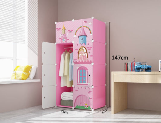 Dulap modular pentru copii, AT PERFORMANCE®, 8 rafturi, durabil, 76X37X147 cm, roz, castel printese