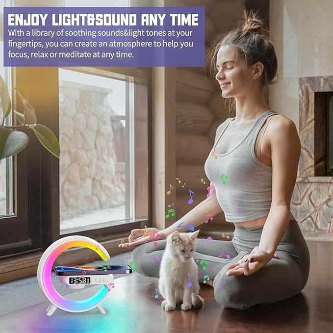 Lampa led RGB de masa 3in1, At Performance, cu Statie incarcare wireless, Muzica Bluetooth, FM, USB, 1500mh, Alb