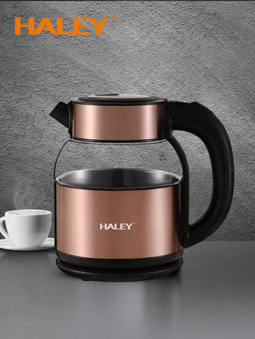 Fierbător Electric HALEY 2.2L, 2000W, Inox și Sticlă, Oprire Automată, Protecție Anti Fierbere Uscată, Bază 360°