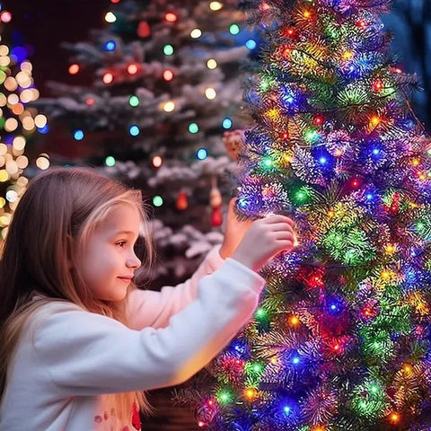 Rola Instalație de Crăciun Liniară, AT PERFORMANCE®, 480 LED-uri, 8 Jocuri de Lumini Interschimbabile, Alimentare la Priză pentru Interior/Exterior, Rola 100m, Fir Negru, Multicolor