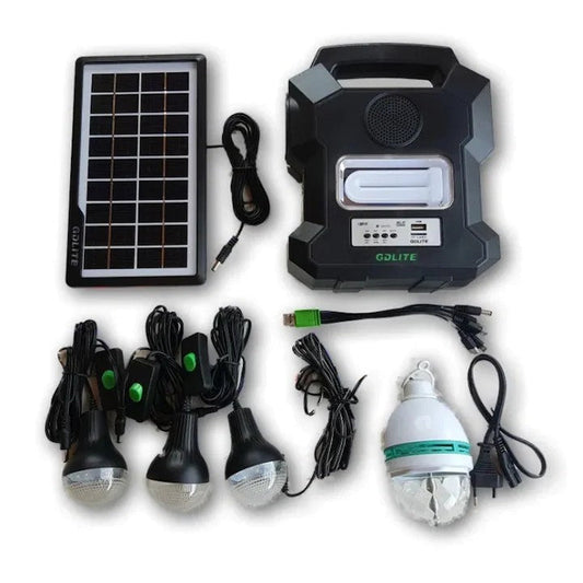 Sistem Solar cu Panou Solar AT PERFORMANCE® si 4 Becuri LED SMD / Lanterna, Intrare Alimentator 110 - 220 V, Intrare USB, Intrare 9V, Incarcare 15 ore, Negru.