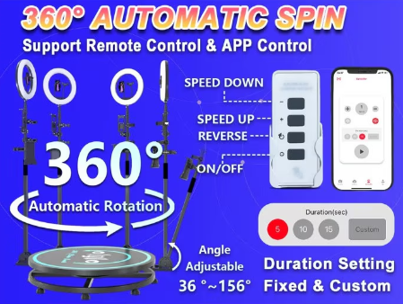 Platforma foto-video rotunda, Selfie 360, brat rotativ, led RGB, pentru evenimente, marca At Performance, diametru 80cm