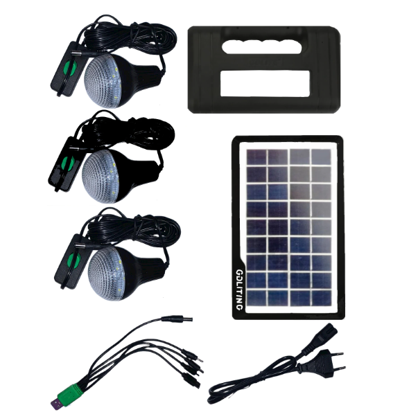 Kit solar portabil GD-8017, USB, 3 becuri, lanterna LED, cablu incarcator telefon multiple capete
