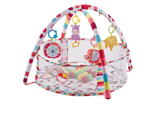 Centru de activitati multifunctional interactiv cu muzica pentru copii si bebelusi, At Performance, 3 in 1 saltea de joaca, 18 bile multicolore, roz