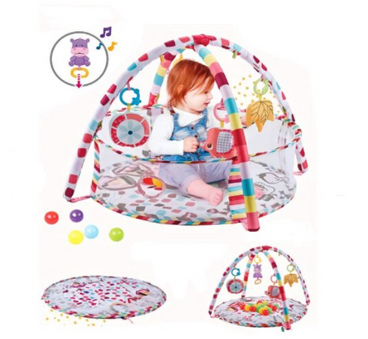 Centru de activitati multifunctional interactiv cu muzica pentru copii si bebelusi, At Performance, 3 in 1 saltea de joaca, 18 bile multicolore, roz