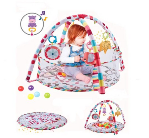 Centru de activitati multifunctional interactiv cu muzica pentru copii si bebelusi, At Performance, 3 in 1 saltea de joaca, 18 bile multicolore, roz