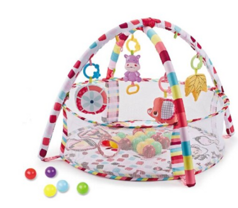 Centru de activitati multifunctional interactiv cu muzica pentru copii si bebelusi, At Performance, 3 in 1 saltea de joaca, 18 bile multicolore, roz