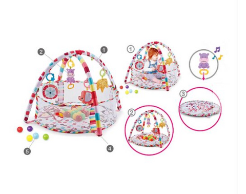 Centru de activitati multifunctional interactiv cu muzica pentru copii si bebelusi, At Performance, 3 in 1 saltea de joaca, 18 bile multicolore, roz